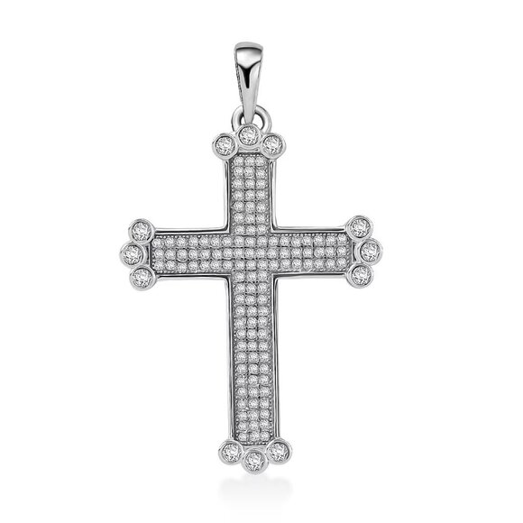 Stunning Simulated Diamond  Cross Pendant in Rhodium Over 925 Sterling Silver - Picture 1 of 4